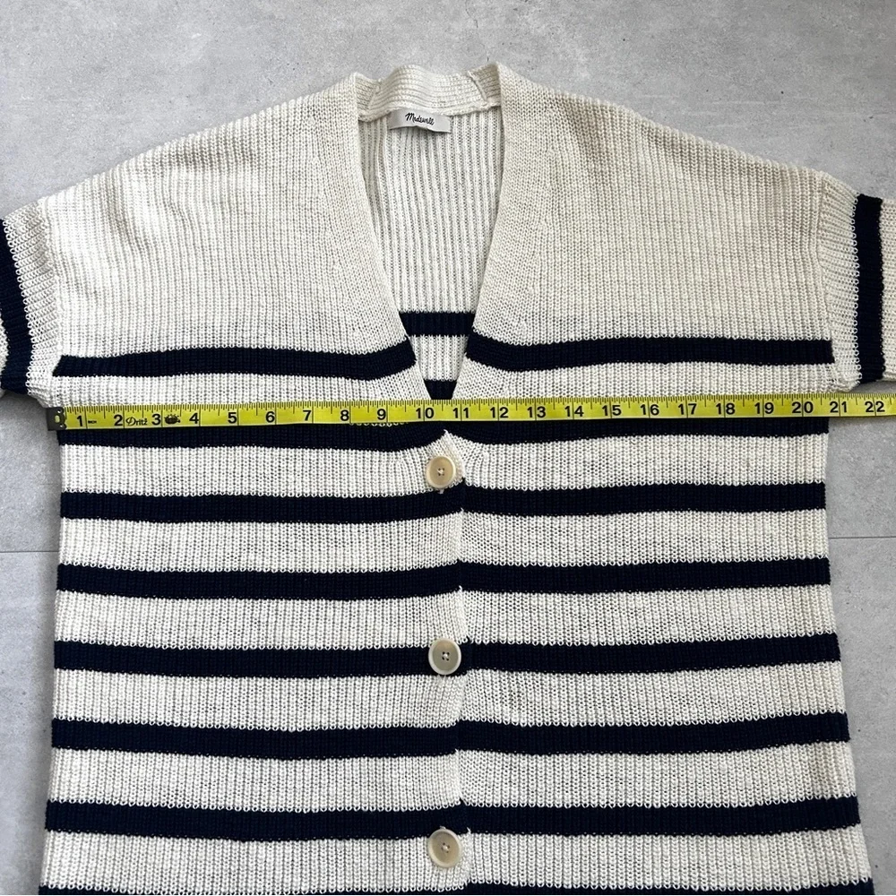 Madewell Striped V-Neck Button Front Cotton Cardigan | Small | Navy & Cream